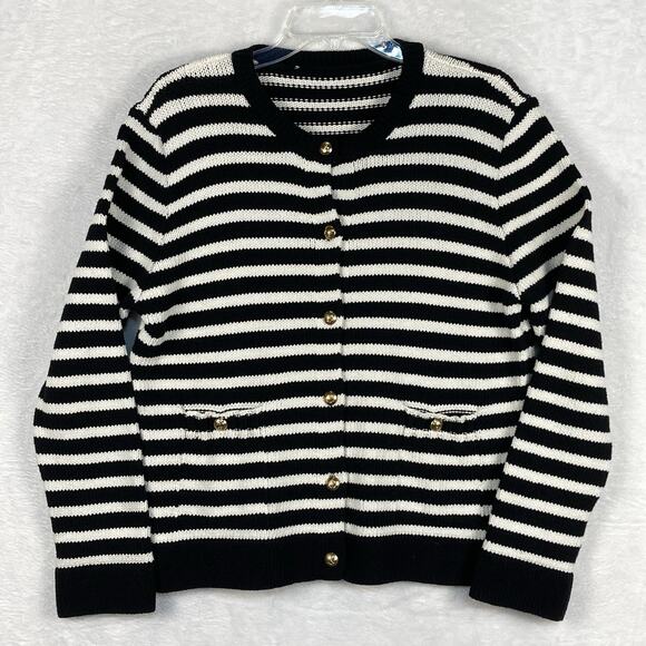 ZARA Womens L White Black Striped Knit Gold Nautical Preppy Cardigan Sweater - Picture 3 of 10